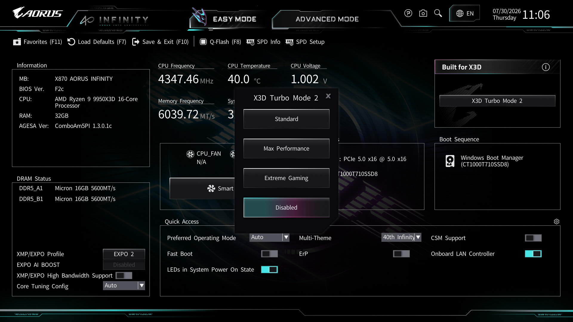 BIOS上のX3D Turbo Mode 2.0設定項目。3つの動作モードまたは無効の4つから好きなものを選択するだけで最適なチューニングが実行される