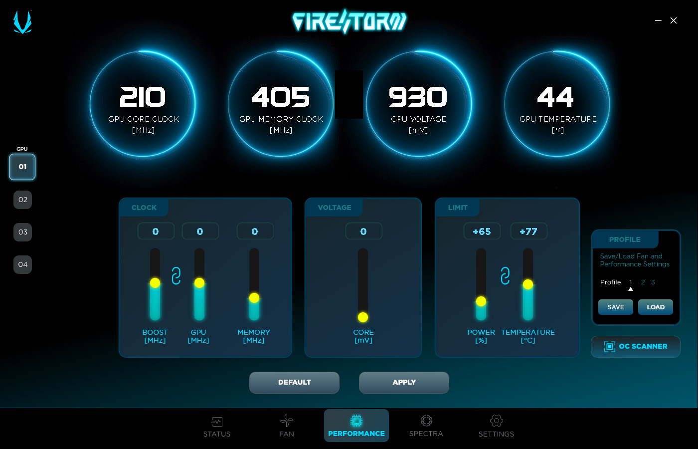 ZOTACのカスタマイズツール「FireStorm」。パフォーマンスやライティングを調整できる