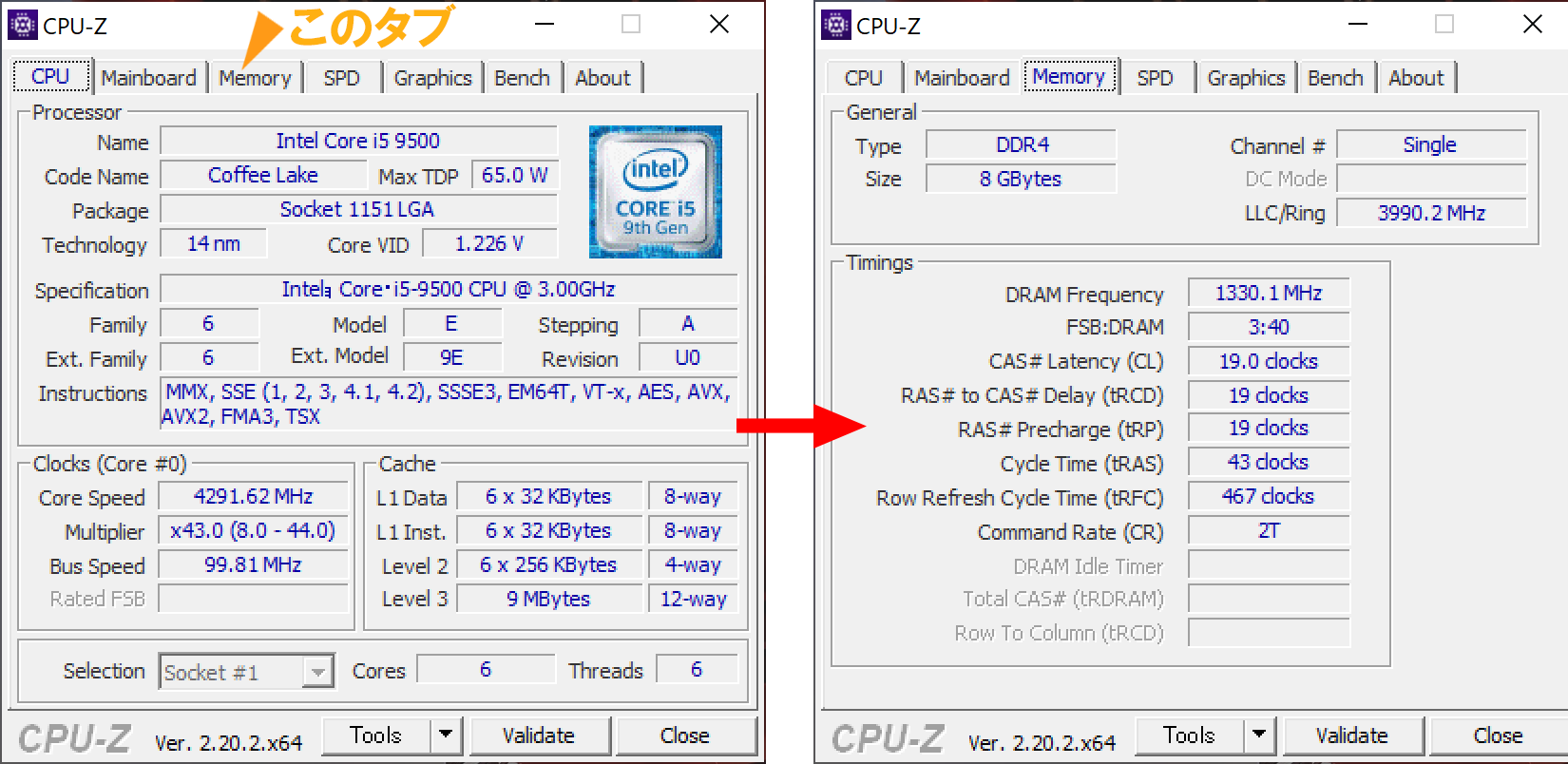 「CPU-Z」の画面。「Memory」タブを開くと、お使いのPCの詳しいメモリ仕様が確認できる