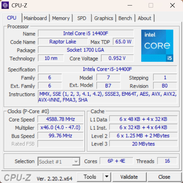 CPU-Zでの表示。CPUにはCore i5-14400Fを搭載。6基のPコアと4基のEコアを備え、合計10コア16スレッドという仕様だ
