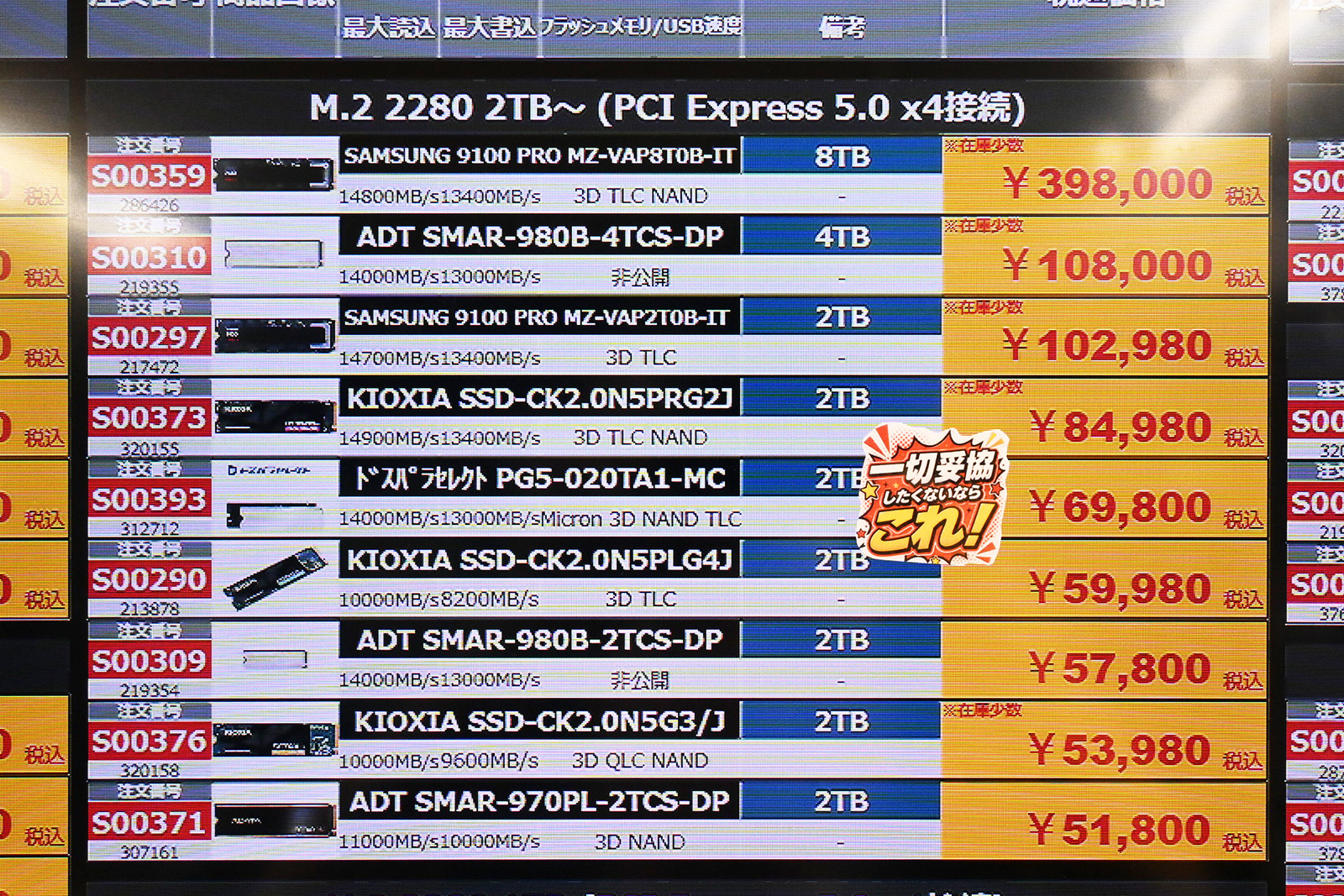 PCIe 5.0 x4 2～8TBの店頭価格表(8月22日撮影)