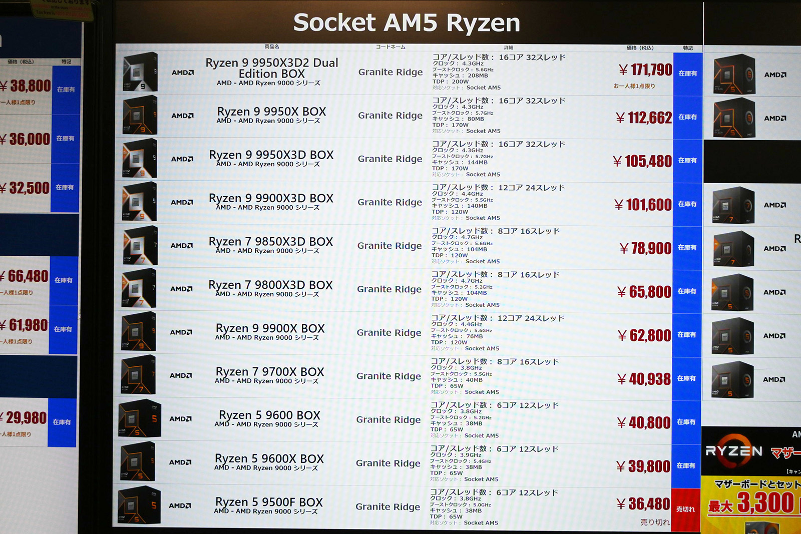 Ryzen 9000シリーズの店頭価格表(8月22日撮影)