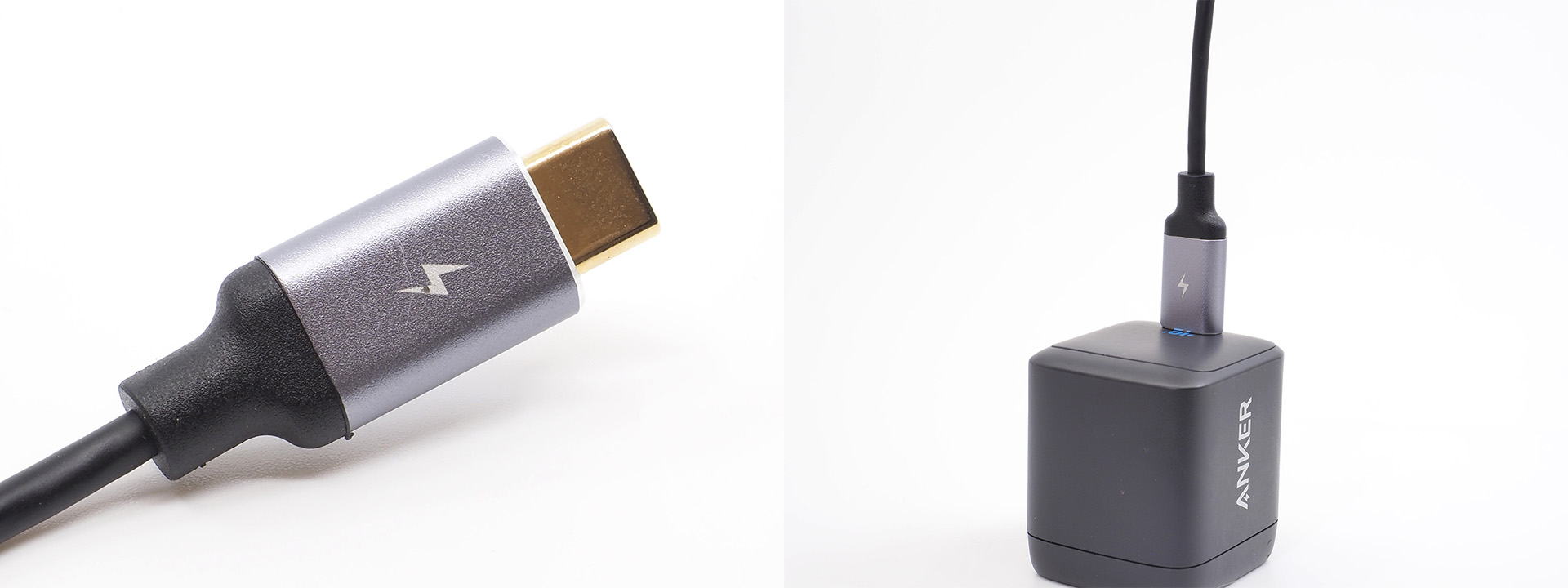 PC側のUSB Type-Cの端子にはカミナリマーク。USB充電器に挿して、表示デバイス側に電源を供給できます