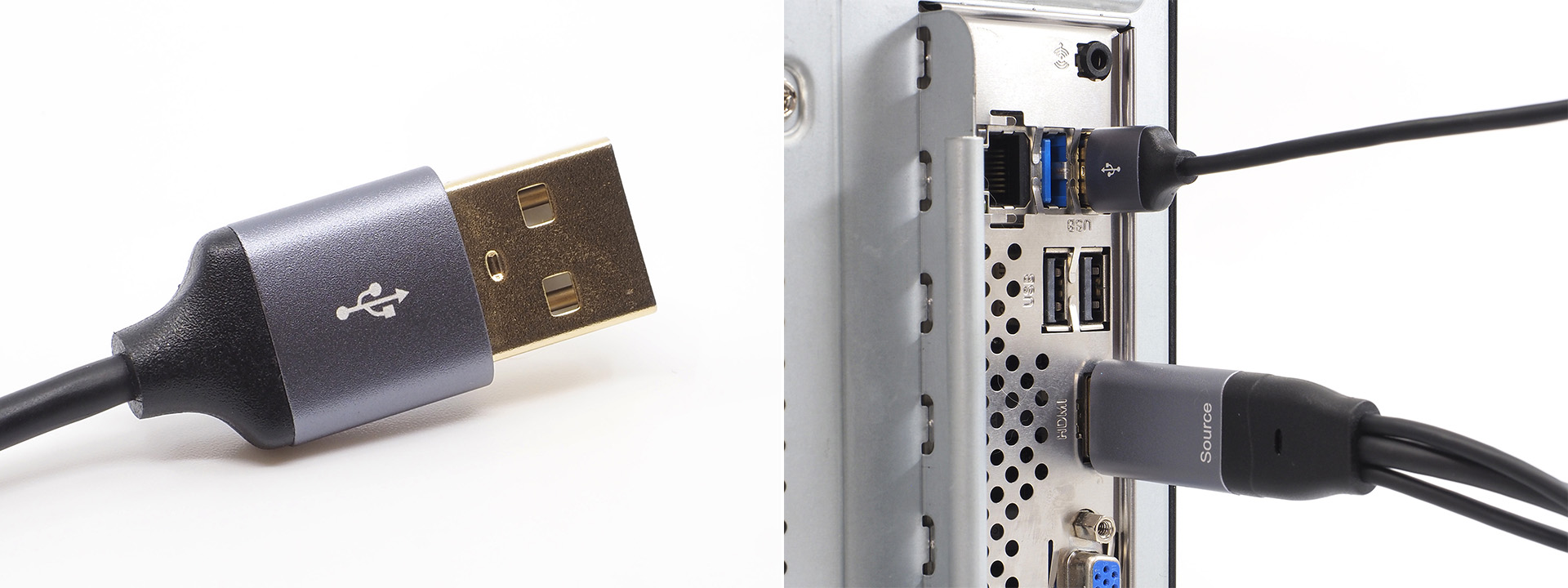 PCに接続する側のHDMI端子から枝分かれして延びているUSB Type-A端子。PCのUSBポートに接続し、変換処理の電源供給と、必要な場合はデータ通信も行います