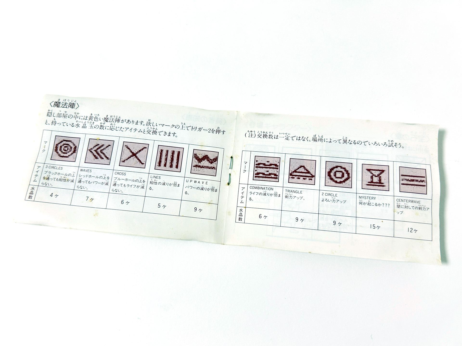 城内には、水晶玉だらけの部屋だったり、魔法陣のみの部屋などがあります。魔法陣の効果は、マニュアルの該当ページを掲載しておきましたので参考にしてください。当時、友人からカートリッジだけ借りて遊んだという人は、魔法陣の意味が分からなかったかも？　交換したい魔法陣の上に移動して、トリガー2またはグラフキーを押せば、水晶玉が減って魔法陣をゲットできます。なお、交換レートは場所によって異なるので、色々と試してみてください。