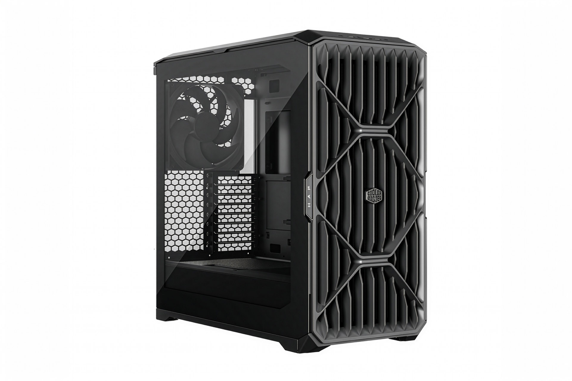 HAF II 500。エアフローを重視したマッシブなデザインのケース。サイズは奥行き557×幅262×高さ548mmで、作業性もよいサイズ感。側面はガラスパネル