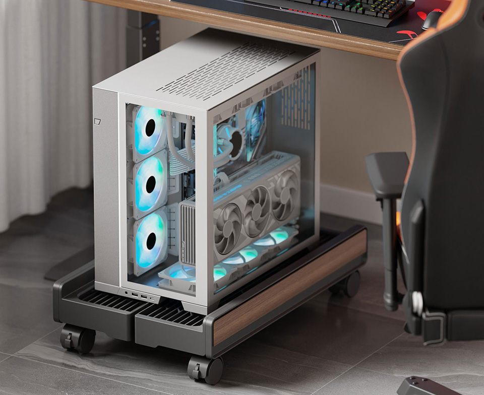 もふもふ　デスクトップPCパーツ追加 キャスター付きで幅の調整もできるデスクトップPC用スタンドがグリーン
