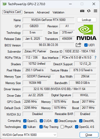 16GBのGDDR7メモリを備えるGeForce RTX 5080を搭載