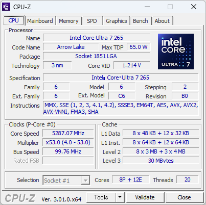 Core Ultra 7 265は8基のPコアと12基のEコアを備える20コアCPU