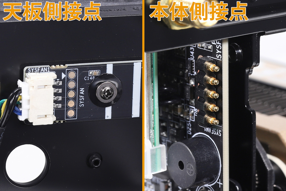 天板に搭載されている3基の冷却ファン。ケーブルレスで本体と接続する仕組みとなっており、断線を心配することなく分解の作業が行える