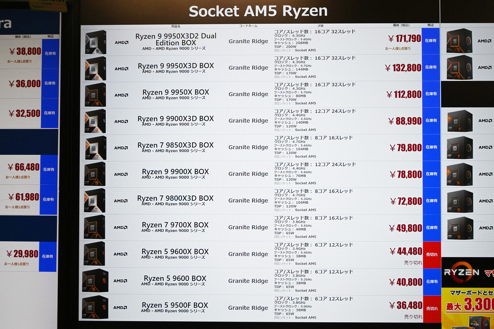 Ryzen 9000シリーズの店頭価格表(9月5日撮影)