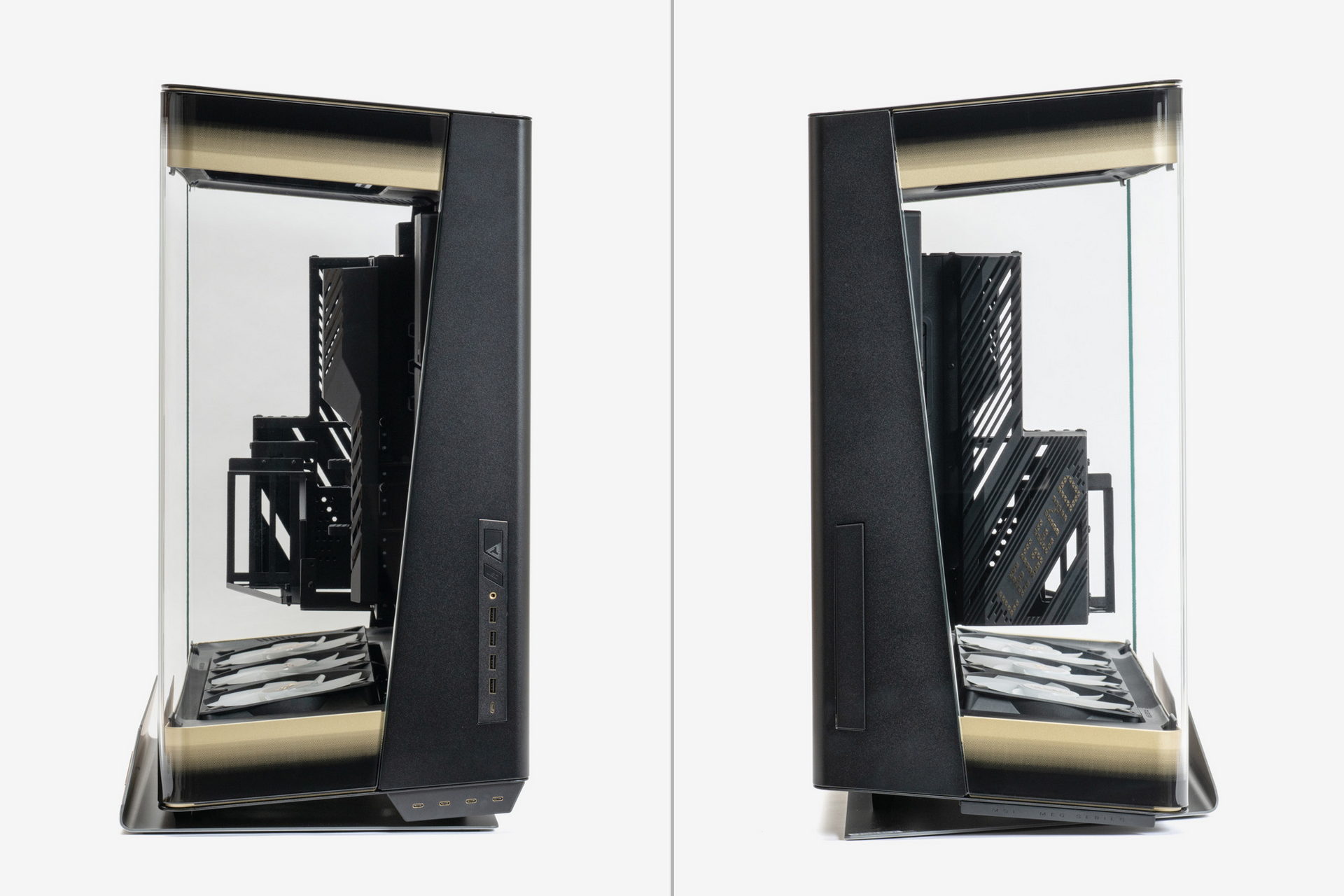前面および背面。一般的なPCケースとは大きく異なり、背面にマザーボードや拡張カード類のバックパネルが出ない構造で、直接アクセスすることはできない。外部のデバイスとの配線(特に乱雑になりがちな接続部分)も徹底的に隠してすっきりとしたルックスにするのがこのケースのこだわりだ