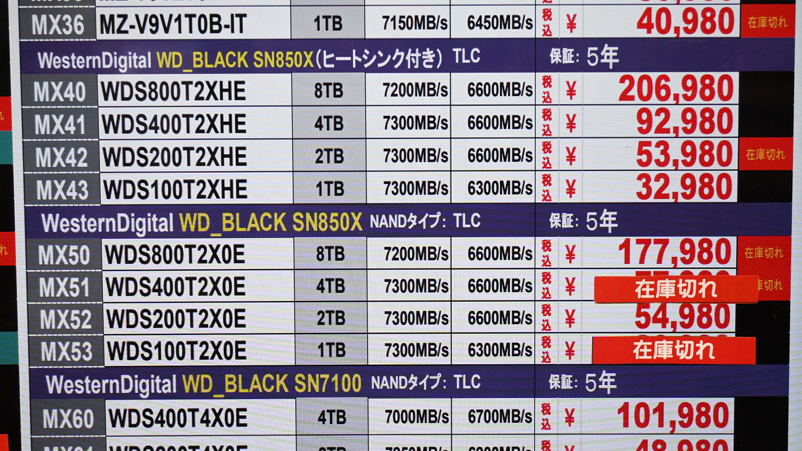 Sandisk(Western Digital)「SN850X」ヒートシンク非搭載2TBが54,980円(9月12日撮影)