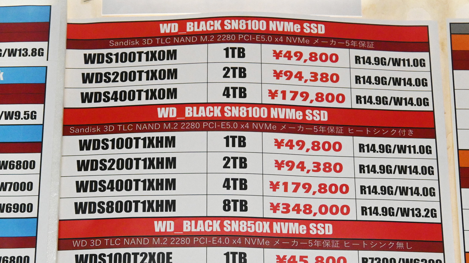 Sandisk(Western Digital)「WD Black SN8100」店頭価格表(9月19日撮影)