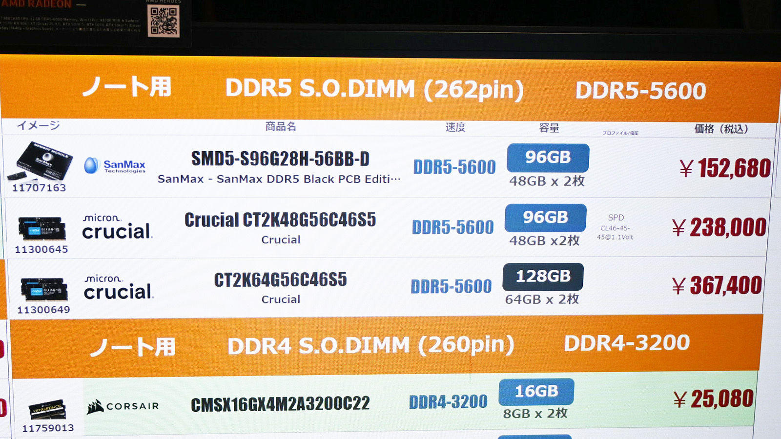 SO-DIMM「DDR5-5600」64GB×2枚組が367,400円(9月19日撮影)