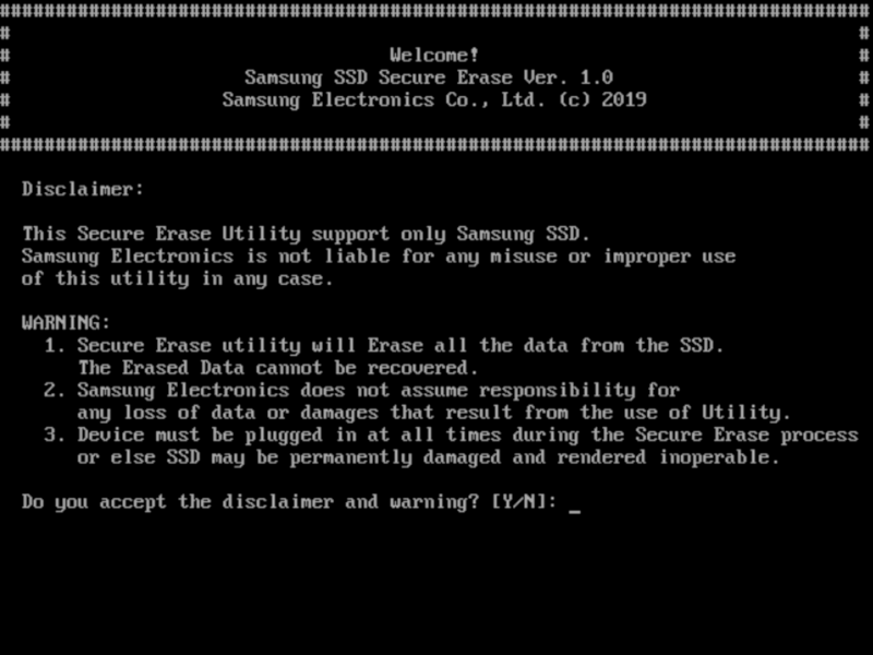 BIOSから起動したSecure Erase用ツール。削除対象のSSDを選択してSecure Eraseを実行すれば、ごく短時間で完全削除が完了する