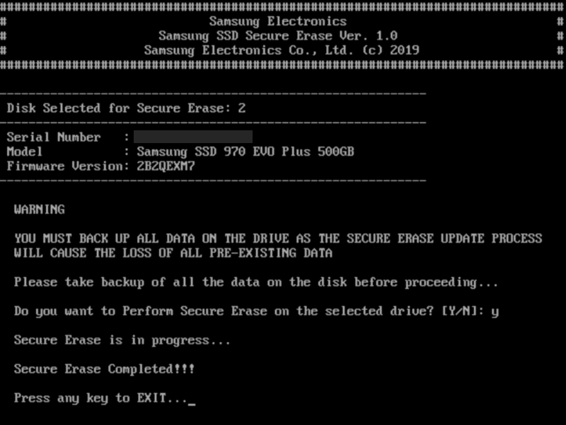 BIOSから起動したSecure Erase用ツール。削除対象のSSDを選択してSecure Eraseを実行すれば、ごく短時間で完全削除が完了する