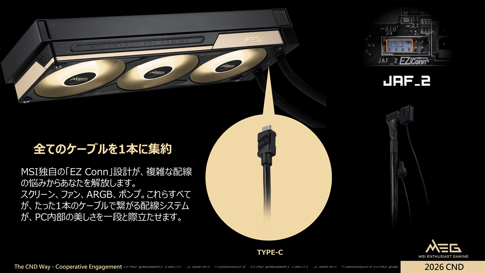 MEG CORELIQUID E15 360は動作に必要な接続ケーブルを1本に集約。