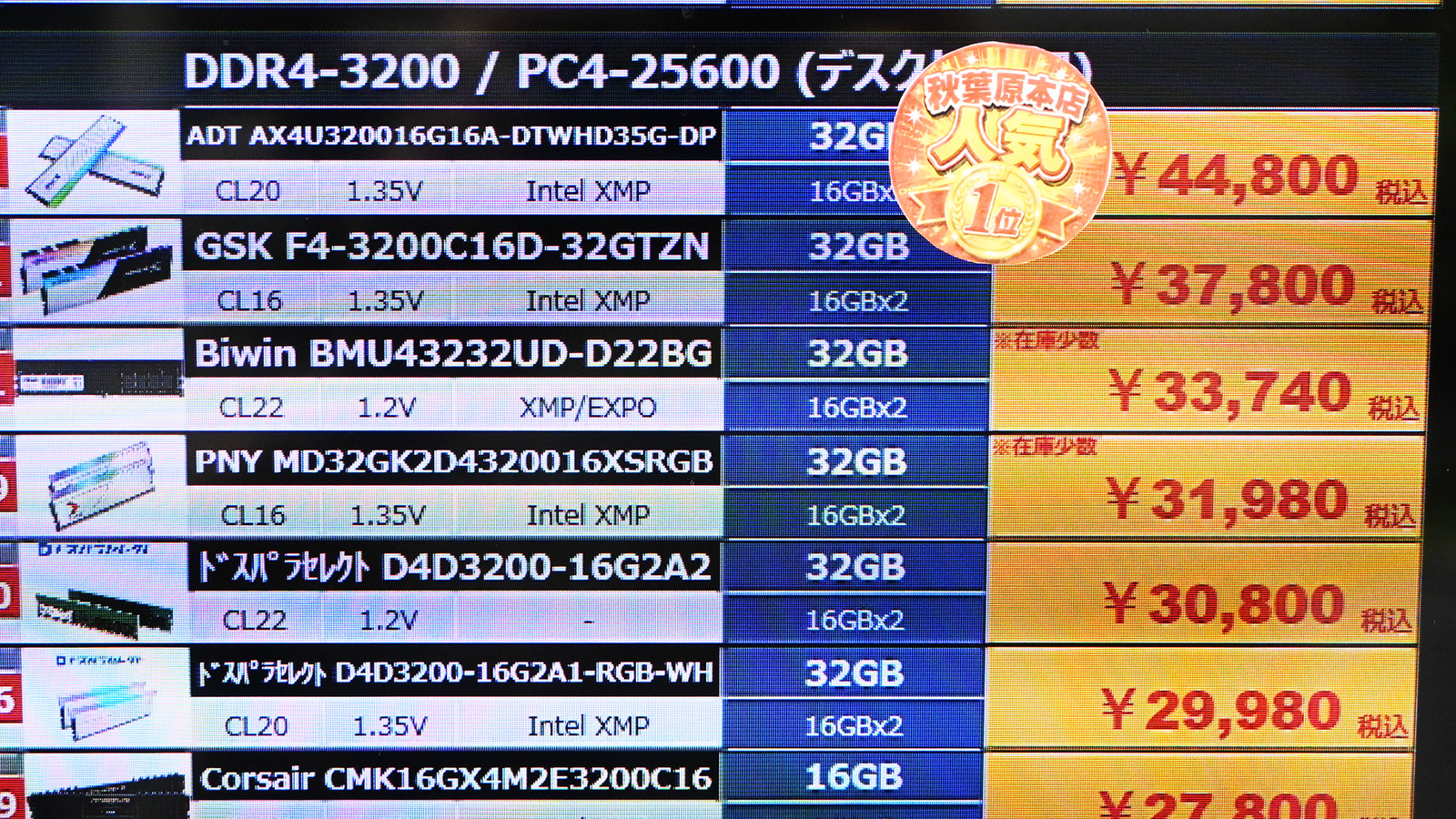 DDR4-3200 16GB×2枚組が29,980円(10月10日撮影)
