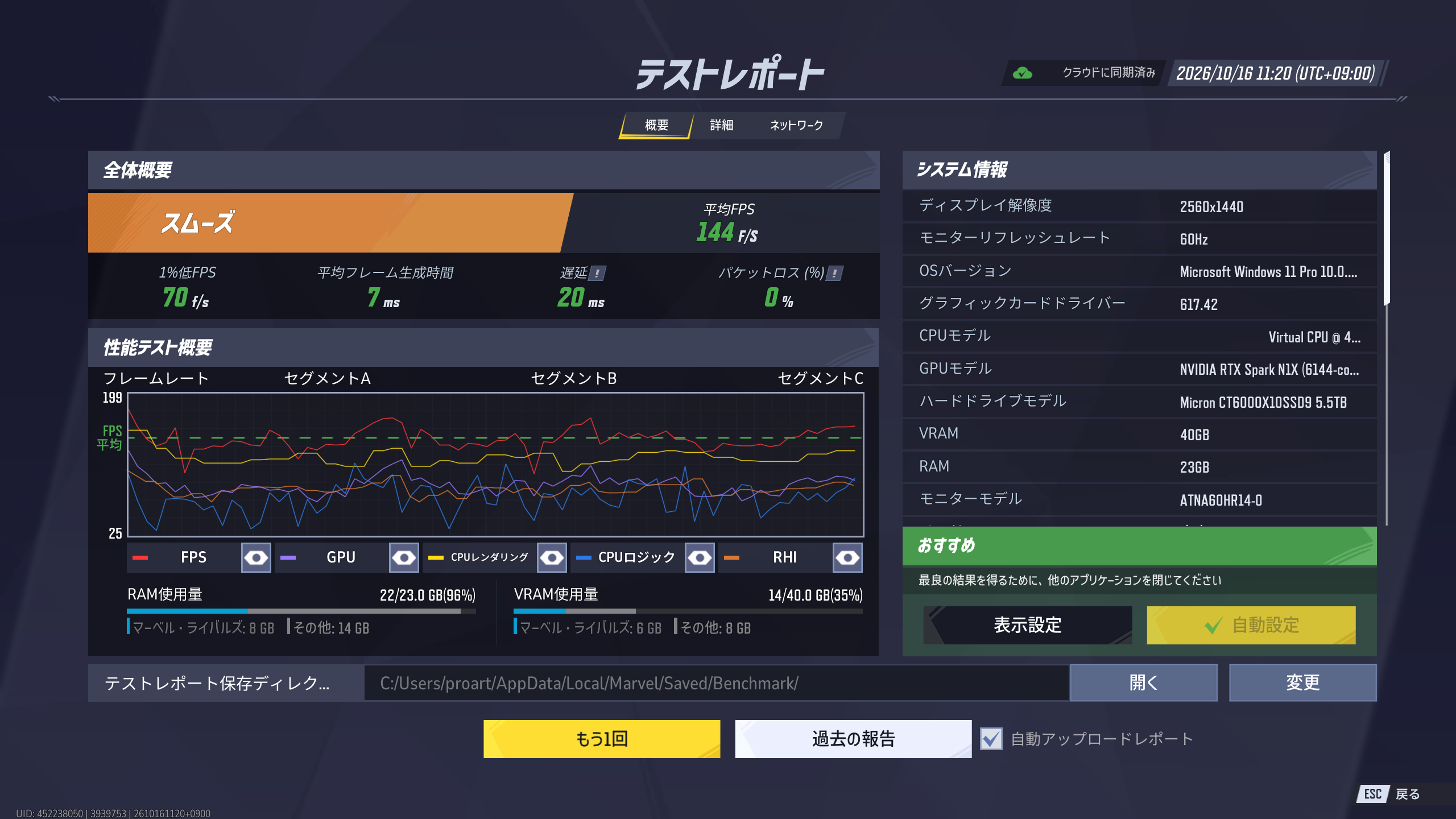 「マーベル・ライバルズ」は平均144fps、ゲーム内表示の1%低FPSは70だった