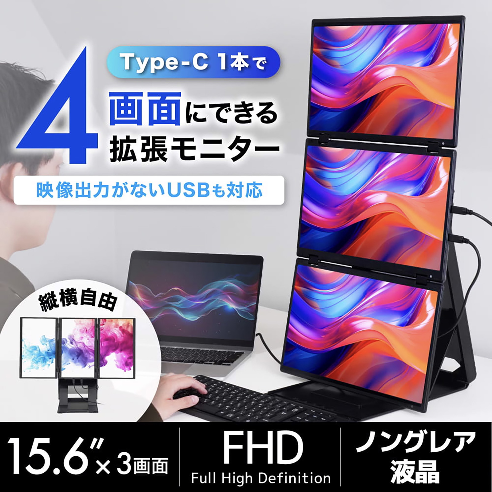 「USB1本で4画面にできる縦横回転モニター」