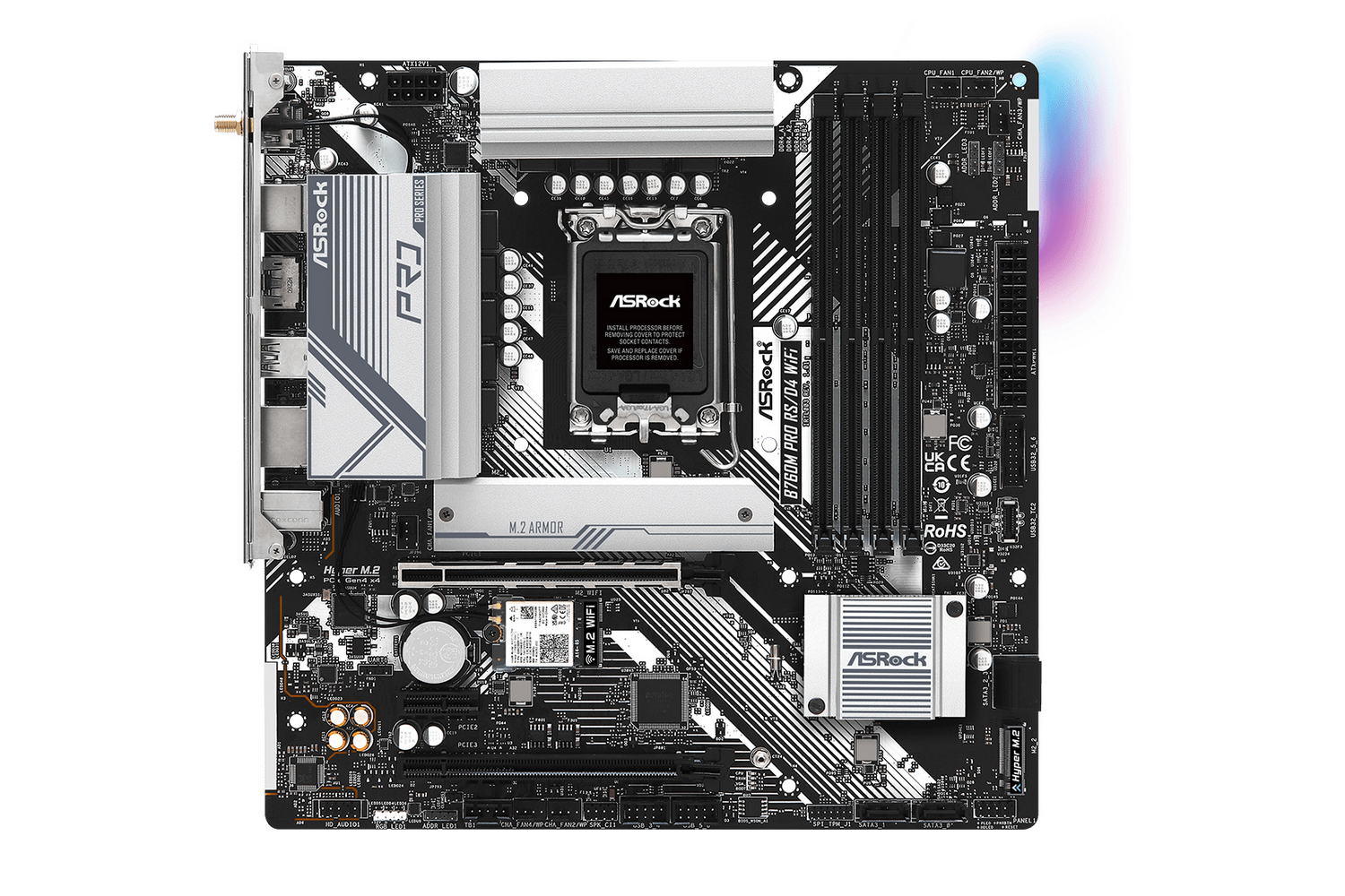 【Specification】拡張スロット:PCIe 4.0 x16×1、PCIe 4.0 x4(x16形状)×1、PCIe 4.0 x1×1●主なインターフェース:M.2(PCIe 4.0 x4接続)×2、SATA 3.0×4、USB 5Gbps×7、USB 2.0×6、HDMI 2.1×1、DisplayPort×1●LAN:2.5GBASE-T×1●無線:Wi-Fi 6E、Bluetooth v5.3