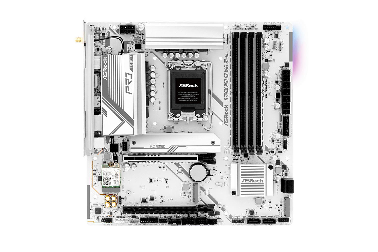 【Specification】拡張スロット:PCIe 5.0 x16×1、PCIe 3.0 x4(x16形状)×1●主なインターフェース:M.2(PCIe 4.0 x4接続)×3、SATA 3.0×4、USB 5Gbps×7、USB 2.0×6、HDMI 2.1×1、DisplayPort×1●LAN:2.5GBASE-T×1●無線:Wi-Fi 6E、Bluetooth v5.3