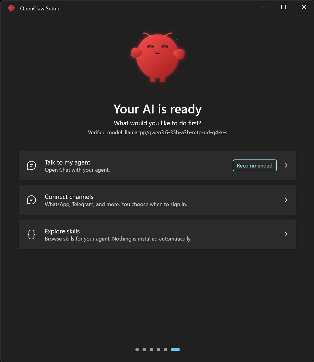 モデルの導入と確認が終わると「Your AI is ready」と表示される。「Talk to my agent」からチャットへ進める。Verified modelには、今回導入したQwen3.6 35B-A3BのモデルIDが表示されている