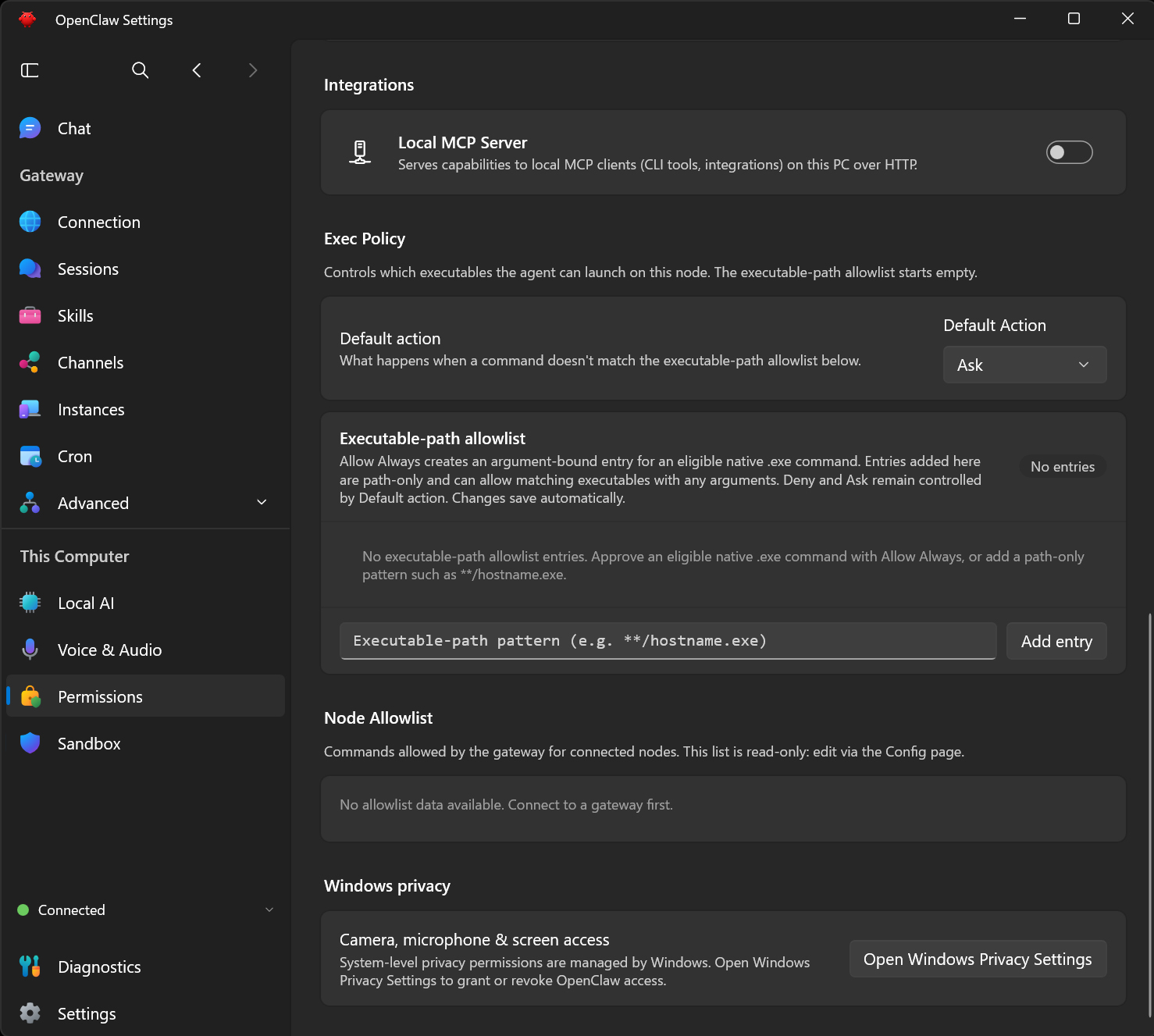 実行ポリシーを設定するExec Policy画面。Default actionをAskにして、コマンドの実行時に内容を確認する。実行ファイルの許可リストには、この時点で項目を追加していない