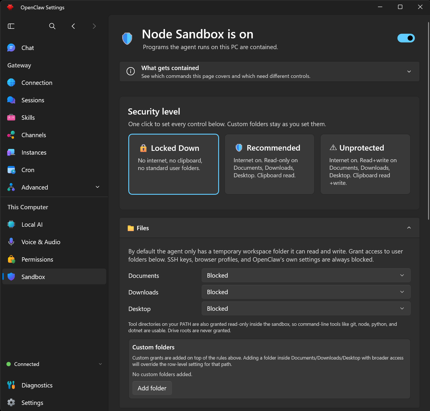 「Node Sandbox」を有効にし、「Locked Down」を選んだ状態。[Documents]、[Downloads]、[Desktop]は「Blocked」になっている。この画面は作業用フォルダを追加する前で、[Custom folders]は未登録だ