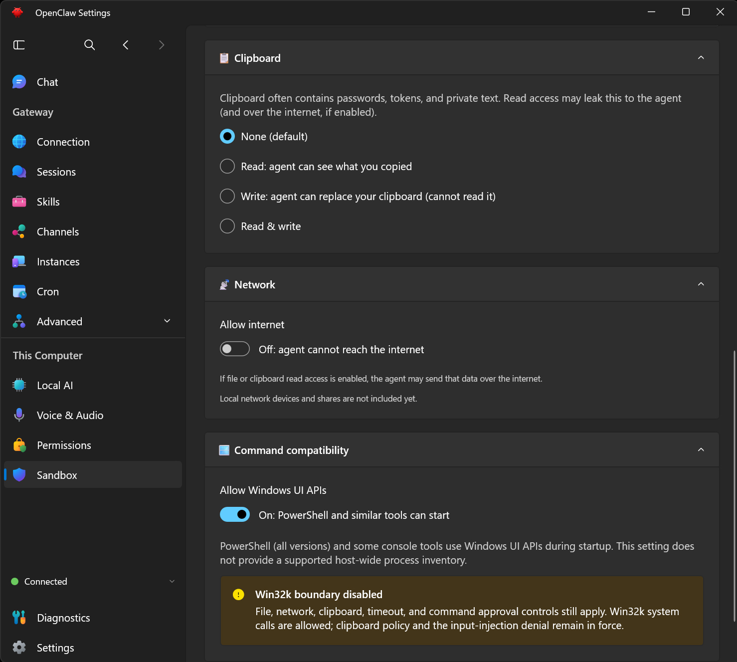 クリップボードは「None」、外部通信は「OFF」に設定。今回の版でPowerShellを起動するため「Windows UI APIs」は「ON」にした。Win32kに関する警告が出るが、ファイルや通信、コマンド承認の制御は引き続き適用される