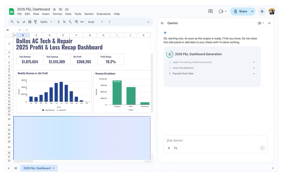 スプレッドシートのサイドパネルからGeminiを呼び出し、いろいろ指示するだけで、複数のタスクを自動的に行ないスプレッドシートを完成してくれる