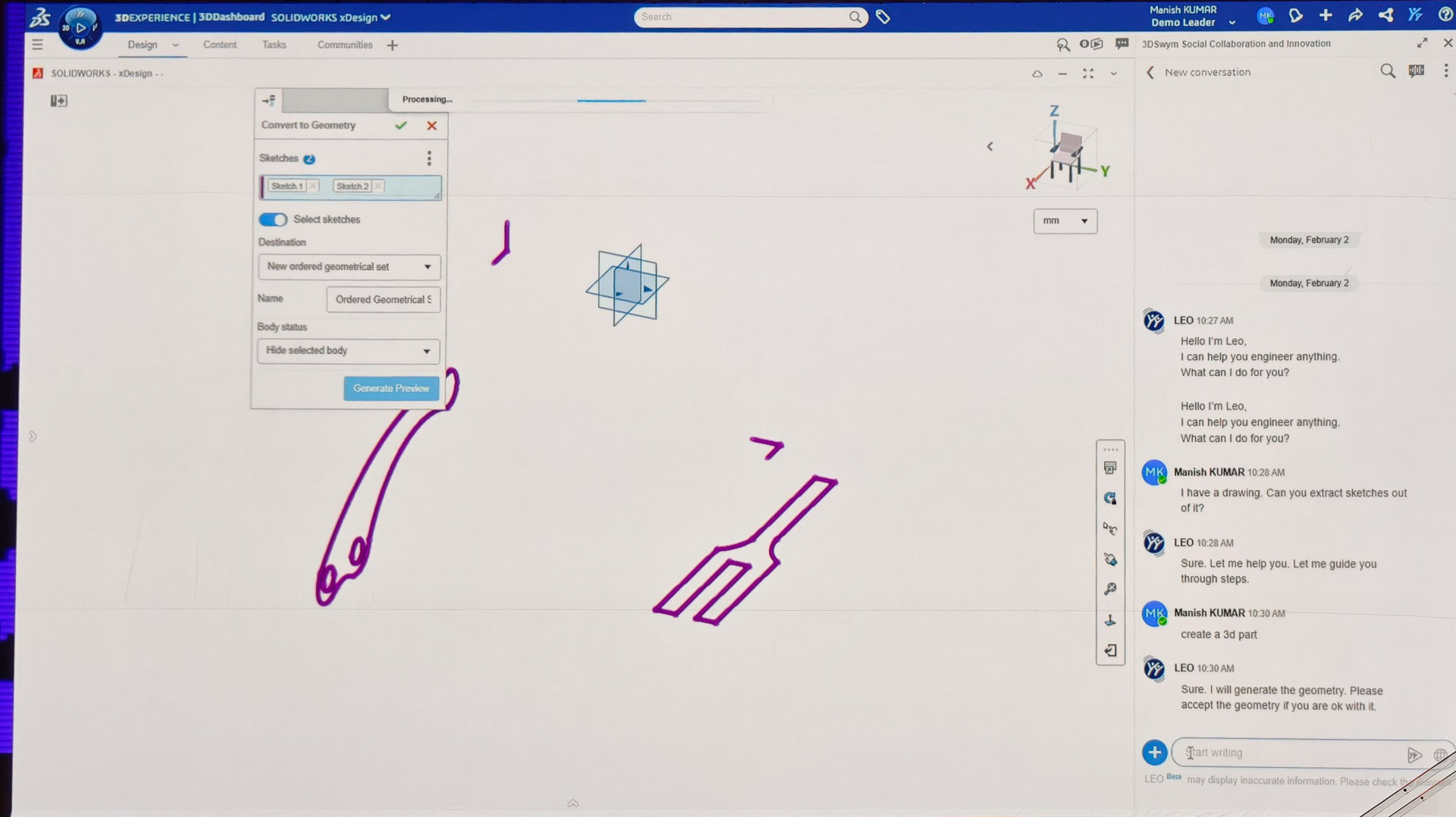 2Dの寸法データを元にしてワールドモデルが3Dモデルを作成している様子