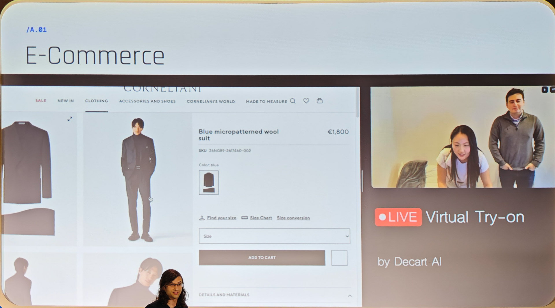 ECサイト向けのソリューションでは、着ている服をECサイトで販売されている服に置きかえて着ているイメージを自分で確認できる