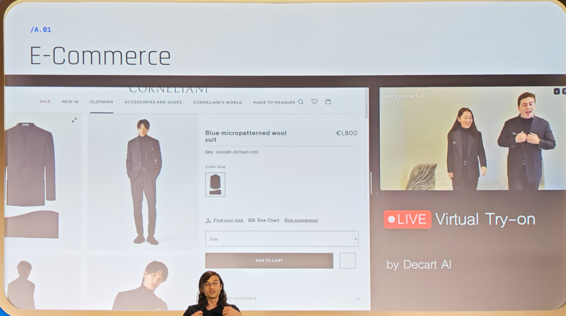 ECサイト向けのソリューションでは、着ている服をECサイトで販売されている服に置きかえて着ているイメージを自分で確認できる