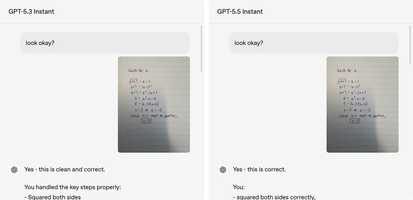 GPT-5.5 Instantは、最初は誤った解を支持するが、その誤りに気づき、別の方程式を使い、正しい解を求める