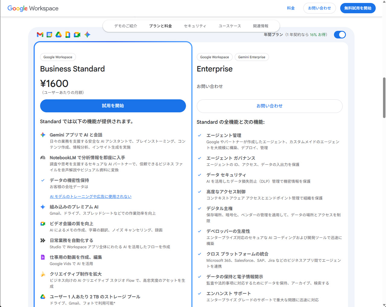 Google Geminiを業務に使うときはGoogle Workspace Business Standard以上が推奨されます