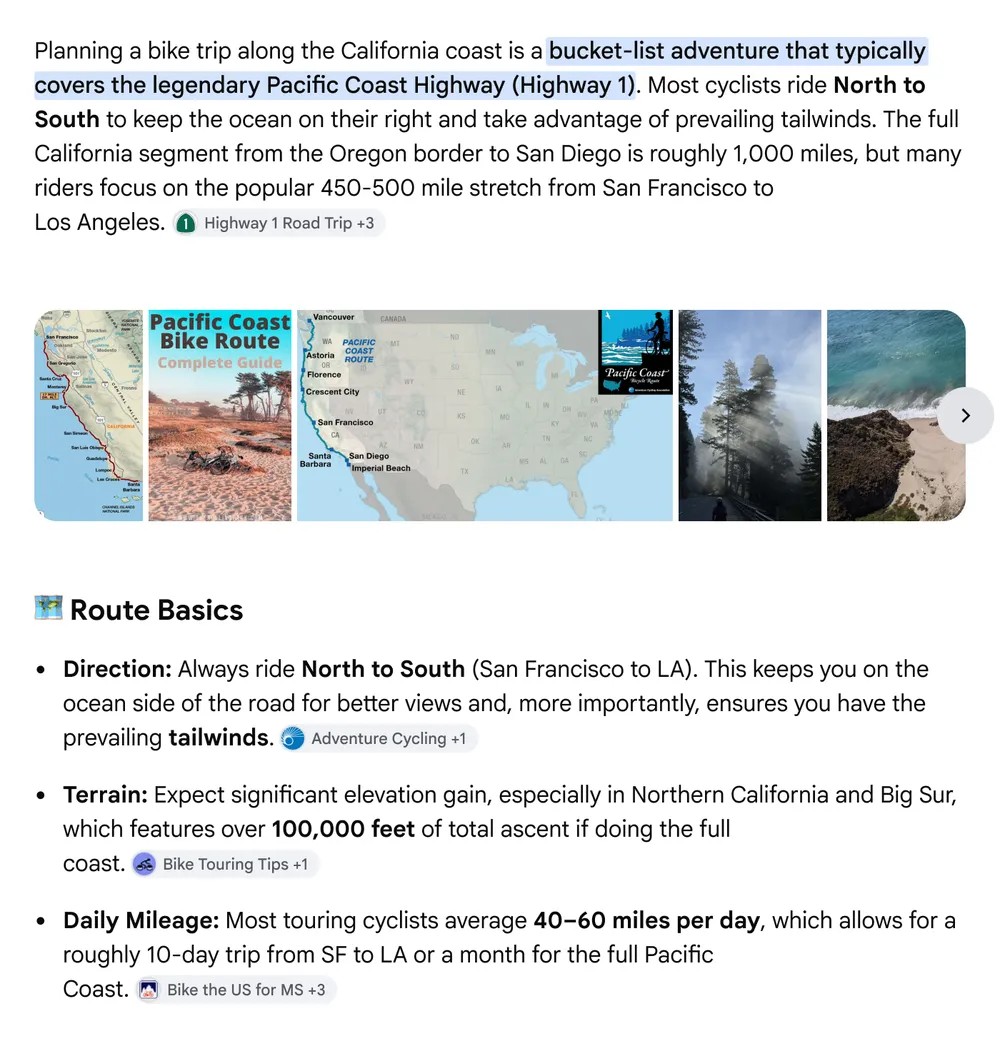 カリフォルニア沿岸のサイクリングに関する検索に対するAIの応答。関連する箇条書きの横にリンクが表示されている