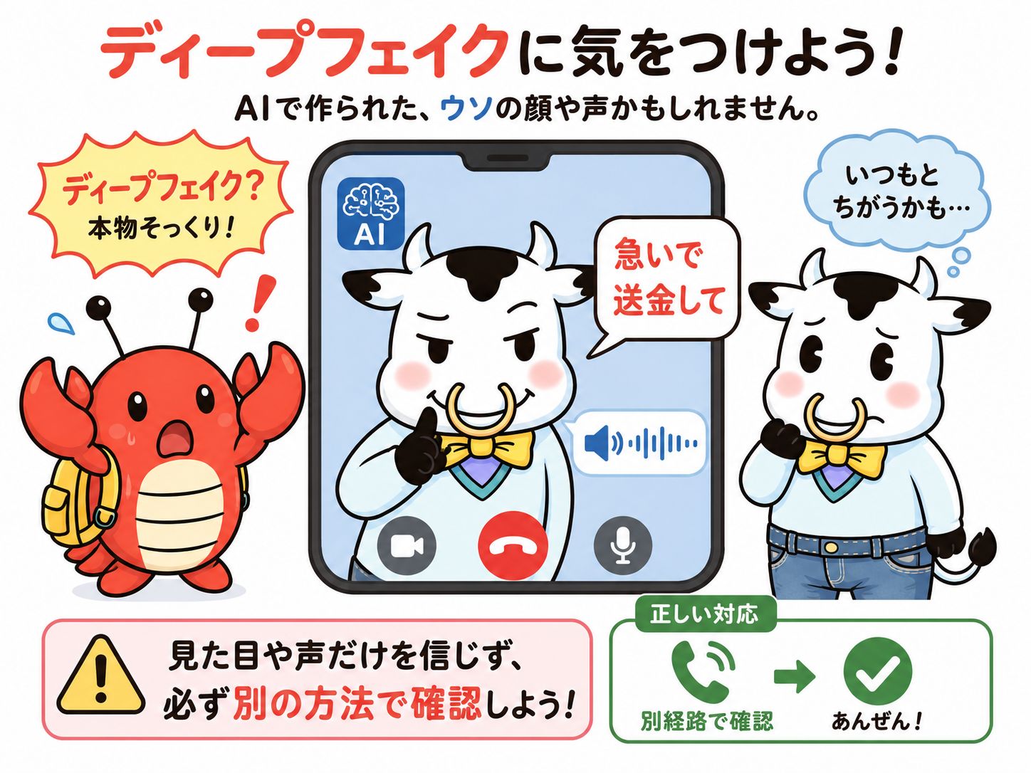 見た目や声だけで信じず、別経路でも確認を！（筆者がChatGPT Image 2で生成）