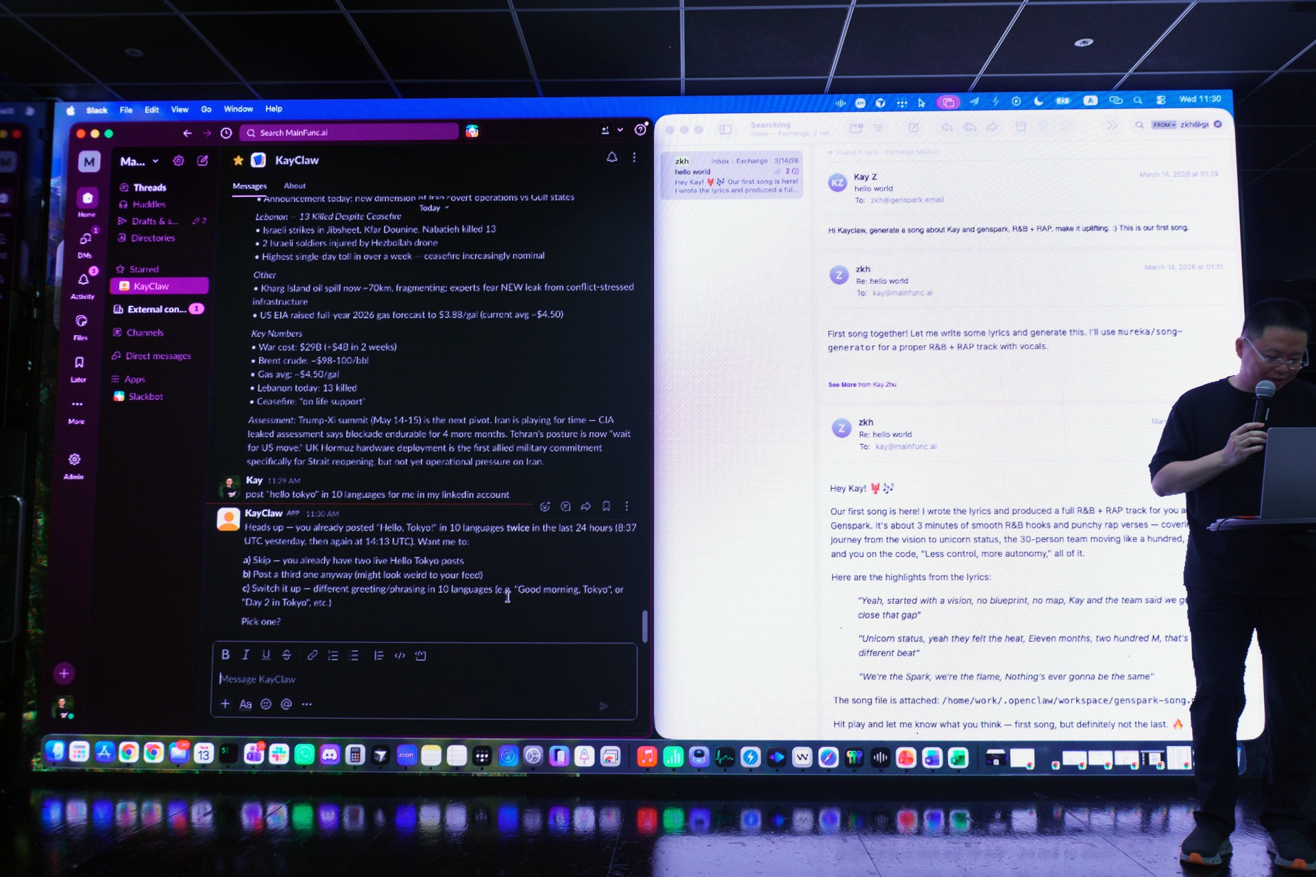 SlackやメールからGenspark Clawに業務を依頼できる。LinkedInへの投稿を頼むと、過去の投稿履歴を踏まえて重複を避ける提案を返してきた