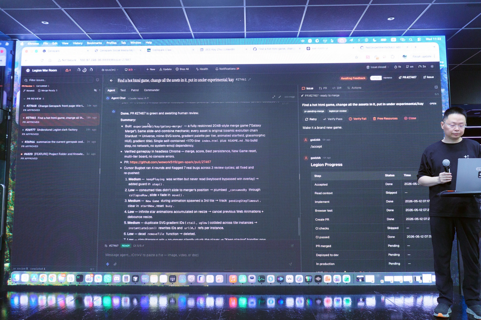 GitHubのイシューを起点に、社内ツール「Legion War Room」上でAIエージェントが自動で作業を進めていく様子を披露した