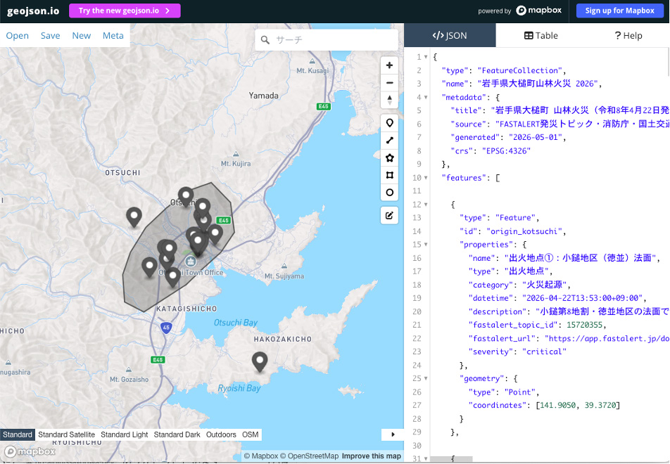 GeoJSONで同じ情報を出力させた例