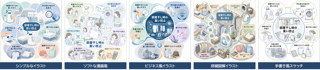 左から、シンプルなイラスト、ソフトな漫画風、ビジネス風イラスト、詳細図解イラスト、手書き風スケッチ