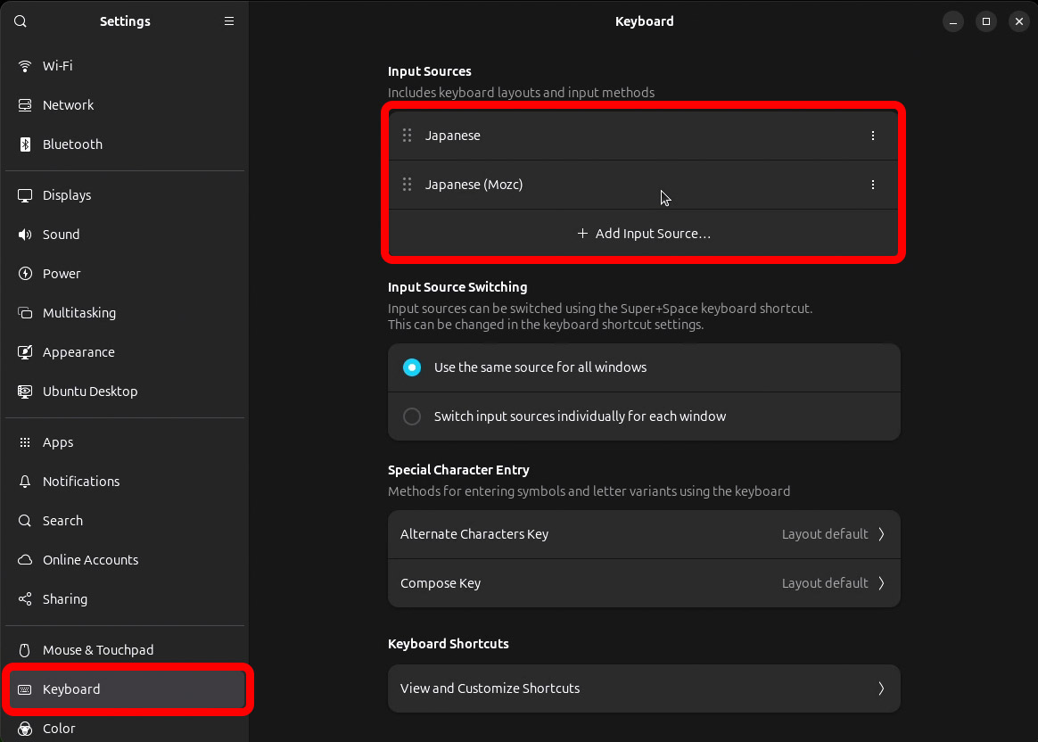「Keyboard」の「Add Input Source...」から「Japanese (Mozc)」を追加するとIMEが使えるように