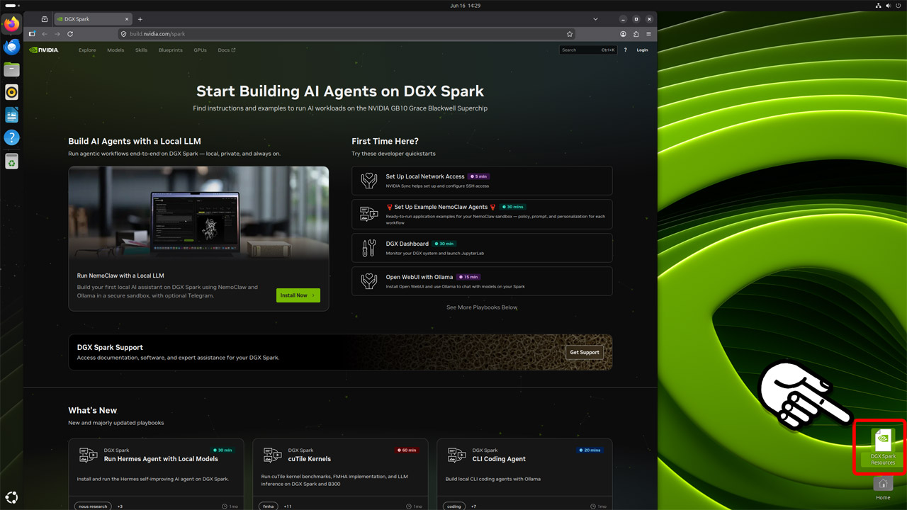 <a href="https://build.nvidia.com/spark">DGX Spark向けのポータルサイト</a>が初回起動時に自動でオープン。デスクトップ右下のショートカットからもアクセスできます