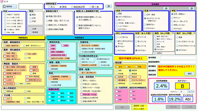 横浜市消防局の緊急度・重症度識別プロトコルの入力画面イメージ
