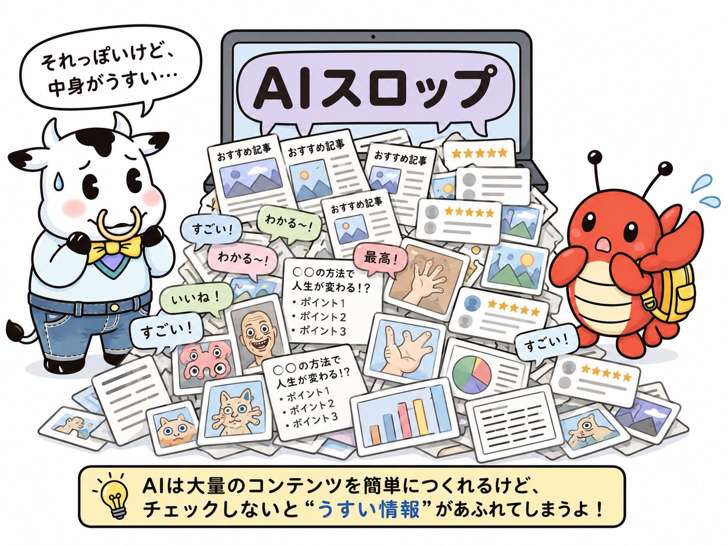 それっぽいけど中身の薄いコンテンツが大量に作れてしまう生成AI。このゴミのようなコンテンツが「AIスロップ」だ。（筆者がChatGPT Image 2で生成）