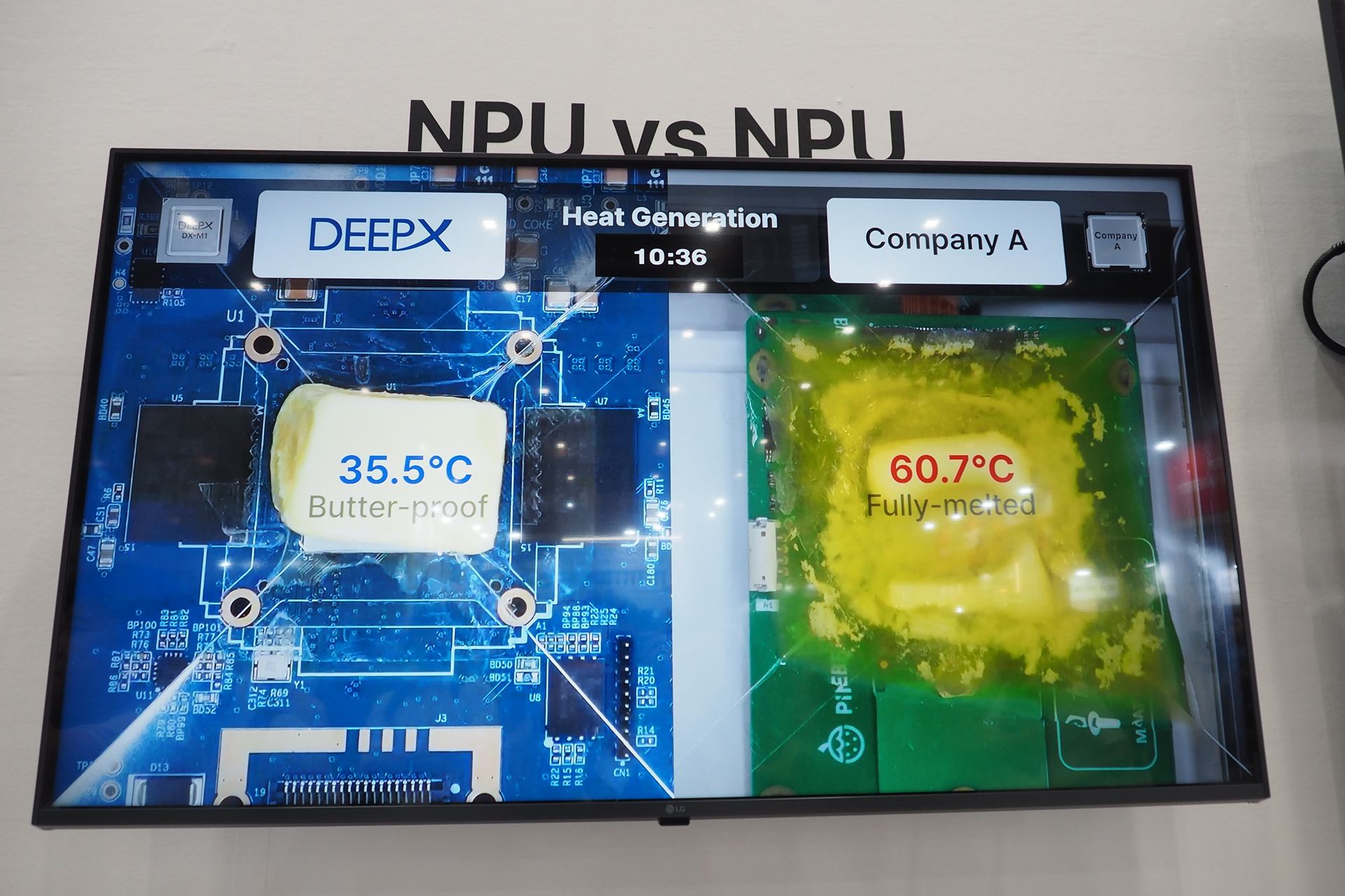 チップにバターを載せて比較。左の「DX-M1」の温度は35.5℃で、バターは溶けていないが、右の「Hailo-8」の温度は60.7℃で、バターが溶けている