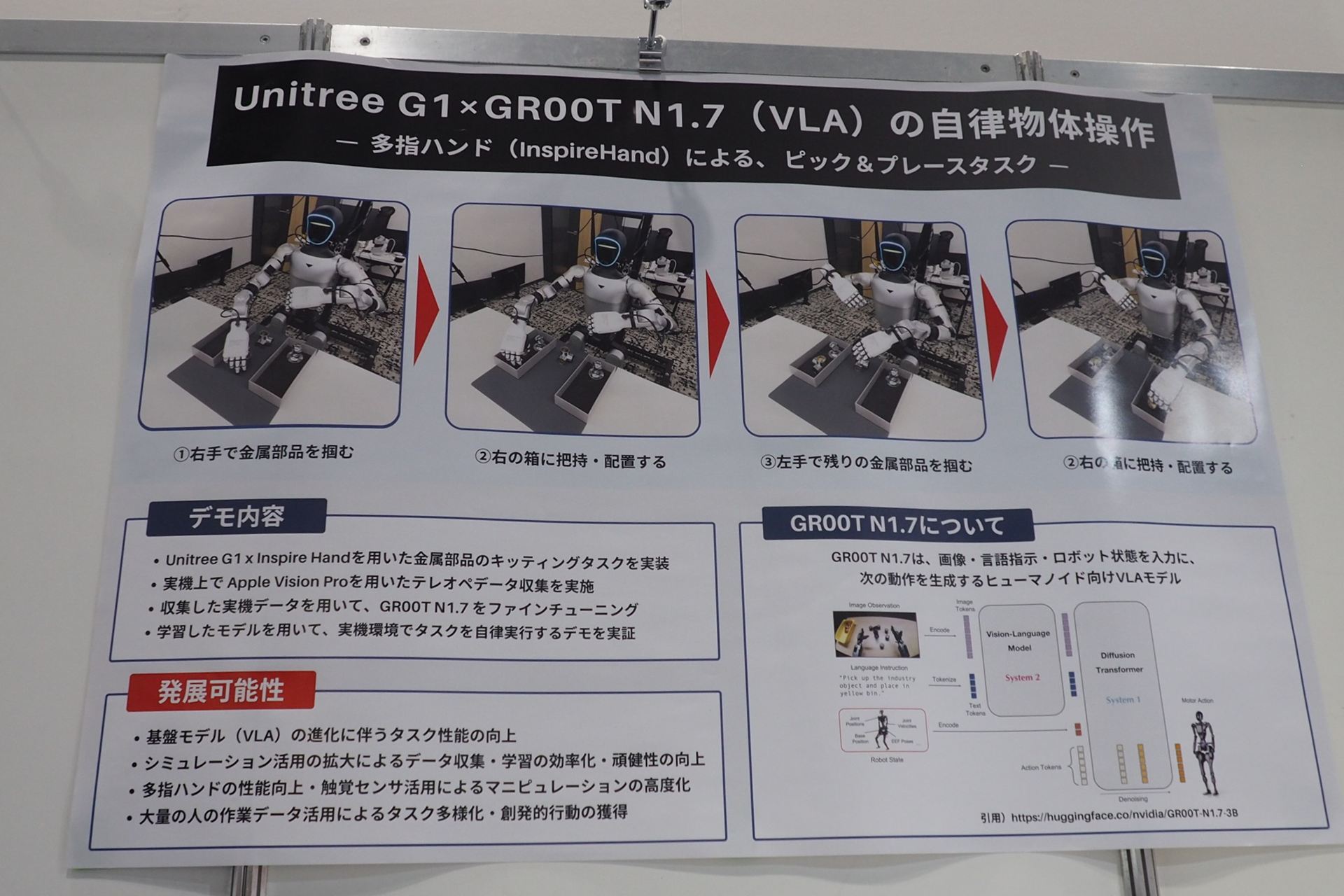 双腕ロボット「Unitree G1」による金属部品のキッティングタスクのデモの説明。Apple Vision Proを用いたテレオペデータによってVLAモデル「GR00T N1.7」をファインチューニングした