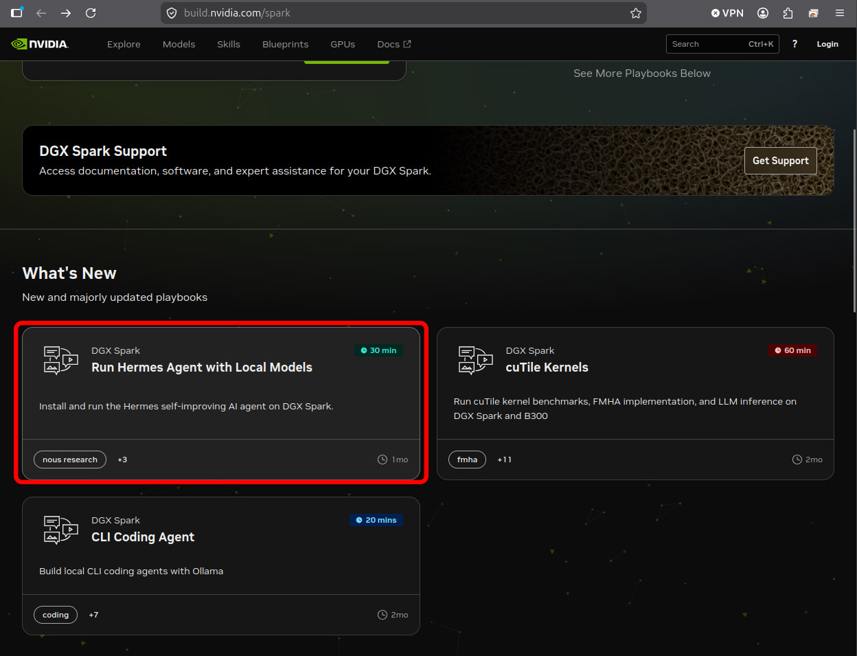 Hermes Agentのセットアップ手順は<a href="https://build.nvidia.com/spark/hermes-agent">「Run Hermes Agent with Local Models」</a>から